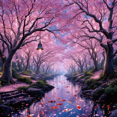 The primary subject of the image is a beautiful scene of a river surrounded by cherry blossoms. The river is filled with red flowers, creating a vibrant and lively atmosphere. The setting is a serene, natural environment with trees lining the riverbanks. The visual style of the image is a combination of photo and digital art, creating a realistic yet artistic representation of the scene. The colors and mood of the image are predominantly pink and red, reflecting the beauty of the cherry bl